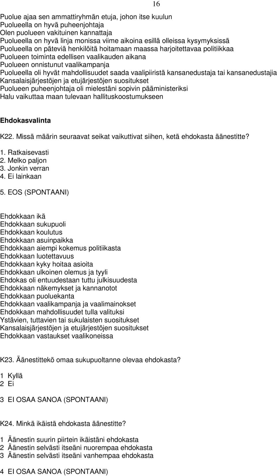 vaalipiiristä kansanedustaja tai kansanedustajia Kansalaisjärjestöjen ja etujärjestöjen suositukset Puolueen puheenjohtaja oli mielestäni sopivin pääministeriksi Halu vaikuttaa maan tulevaan