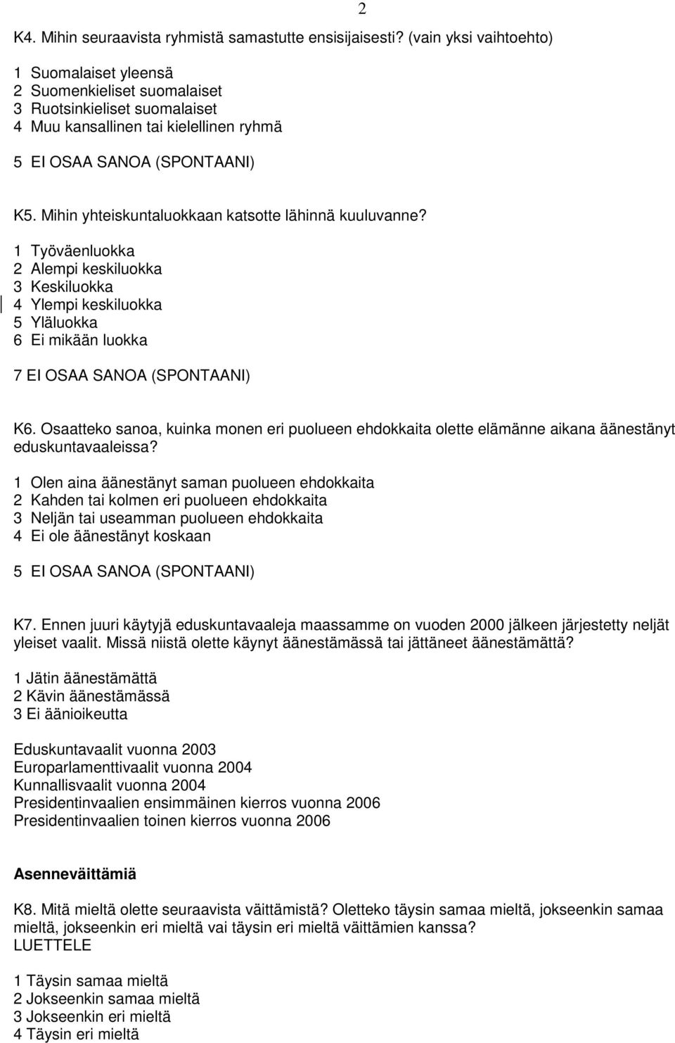 Mihin yhteiskuntaluokkaan katsotte lähinnä kuuluvanne? 1 Työväenluokka 2 Alempi keskiluokka 3 Keskiluokka 4 Ylempi keskiluokka 5 Yläluokka 6 Ei mikään luokka 7 EI OSAA SANOA (SPONTAANI) K6.