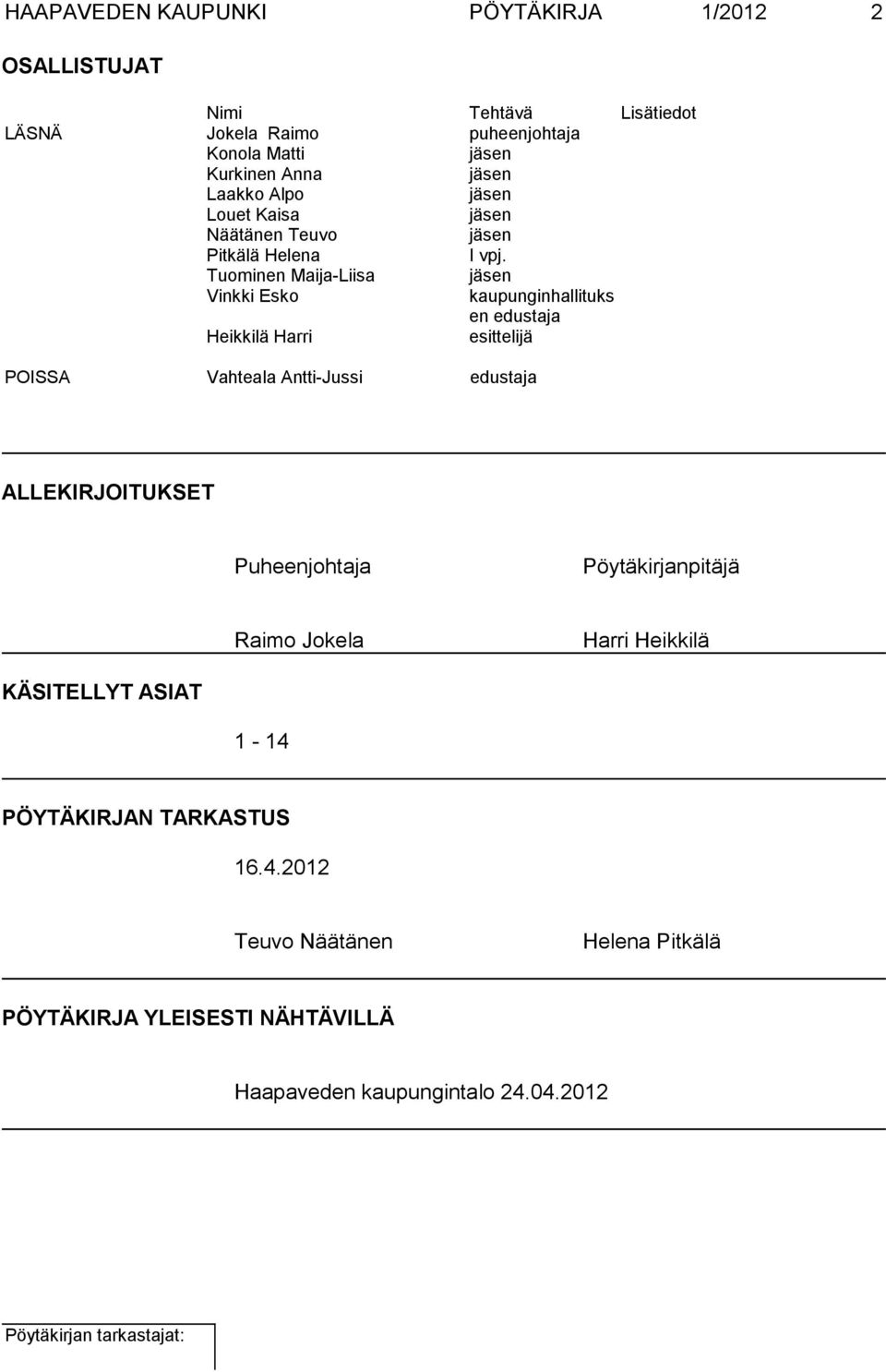 Tuominen Maija-Liisa jäsen Vinkki Esko kaupunginhallituks en edustaja Heikkilä Harri esittelijä POISSA Vahteala Antti-Jussi edustaja