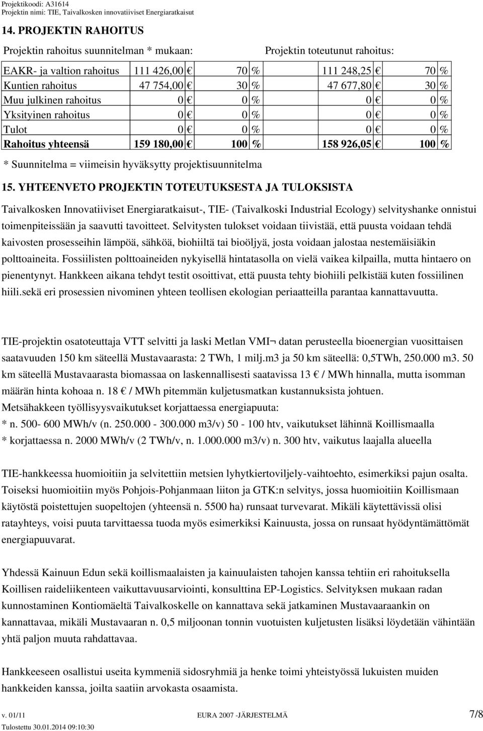 YHTEENVETO PROJEKTIN TOTEUTUKSESTA JA TULOKSISTA Taivalkosken Innovatiiviset Energiaratkaisut-, TIE- (Taivalkoski Industrial Ecology) selvityshanke onnistui toimenpiteissään ja saavutti tavoitteet.