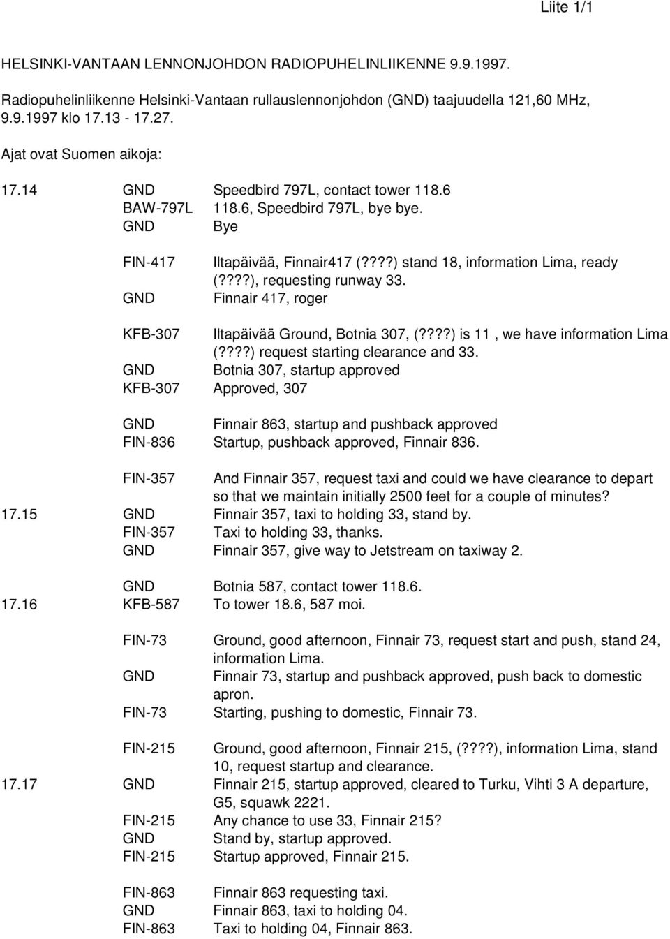 ???), requesting runway 33. Finnair 417, roger KFB-307 Iltapäivää Ground, Botnia 307, (????) is 11, we have information Lima (????) request starting clearance and 33.