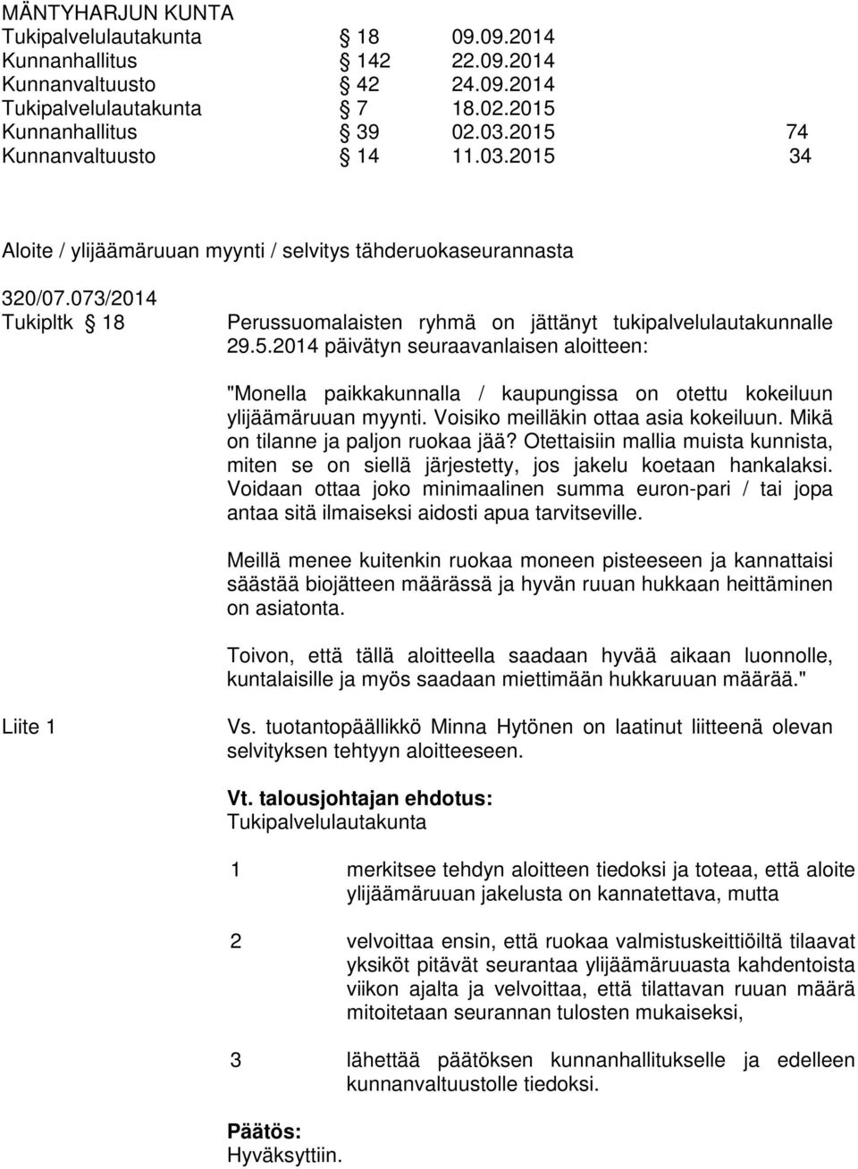 Voisiko meilläkin ottaa asia kokeiluun. Mikä on tilanne ja paljon ruokaa jää? Otettaisiin mallia muista kunnista, miten se on siellä järjestetty, jos jakelu koetaan hankalaksi.