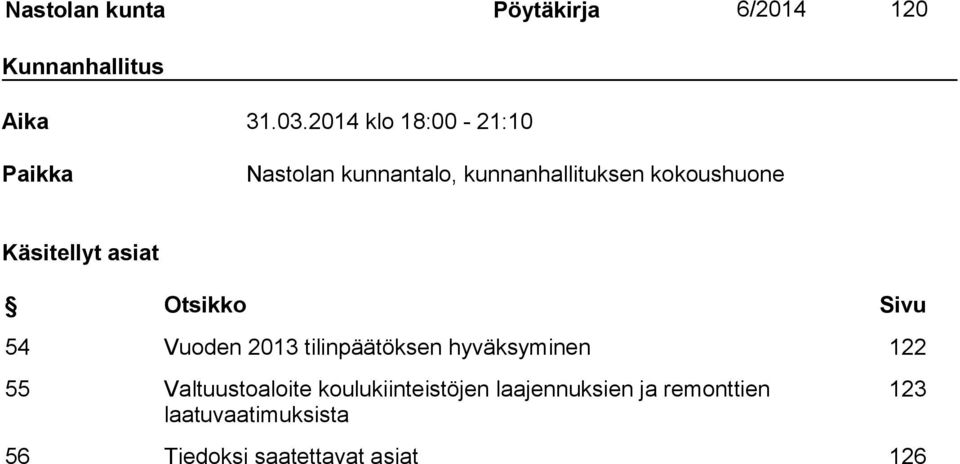 Käsitellyt asiat Otsikko Sivu 54 Vuoden 2013 tilinpäätöksen hyväksyminen 122 55