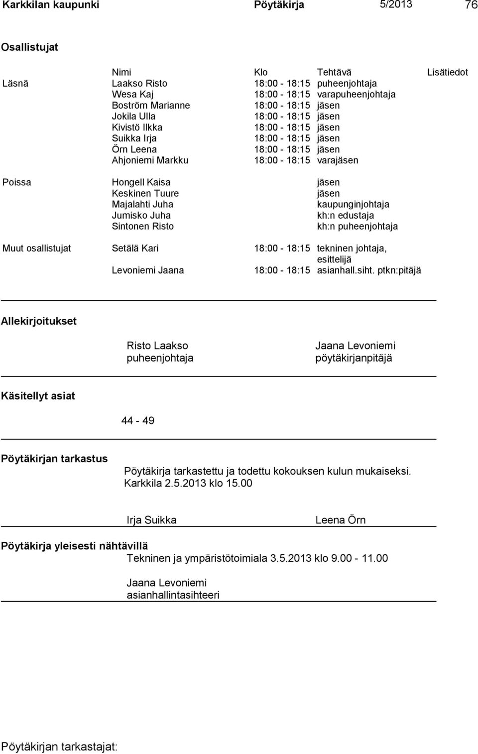 Keskinen Tuure jäsen Majalahti Juha kaupunginjohtaja Jumisko Juha kh:n edustaja Sintonen Risto kh:n puheenjohtaja Muut osallistujat Setälä Kari 18:00-18:15 tekninen johtaja, esittelijä Levoniemi