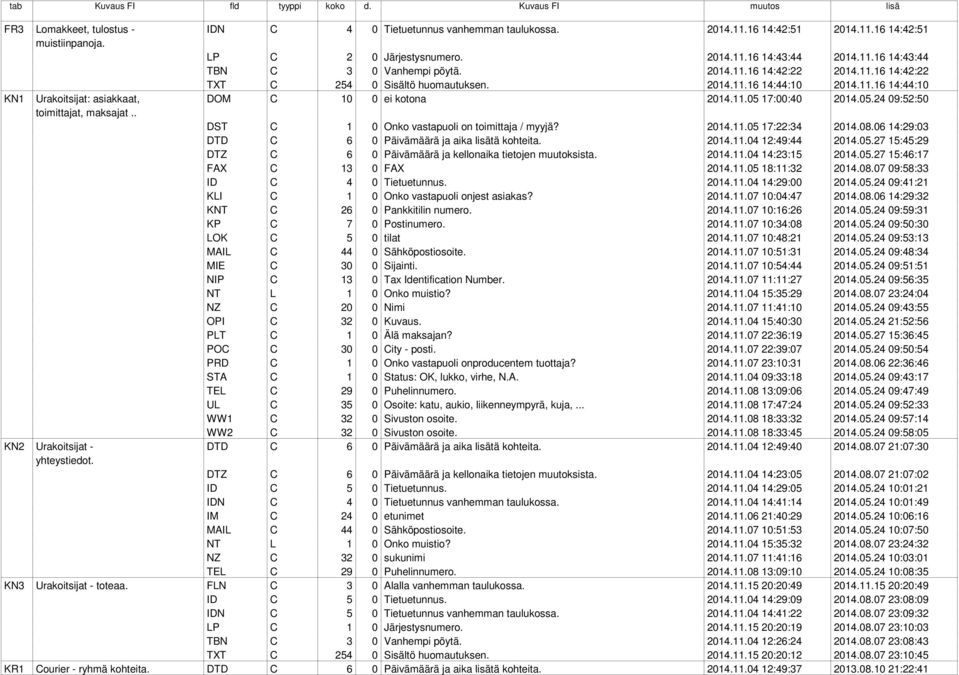 17:00:40 2014.05.24 09:52:50 toimittajat, maksajat.. DST C 1 0 Onko vastapuoli on toimittaja / myyjä? 2014.11.05 17:22:34 2014.08.06 14:29:03 DTD C 6 0 Päivämäärä ja aika lisätä kohteita. 2014.11.04 12:49:44 2014.