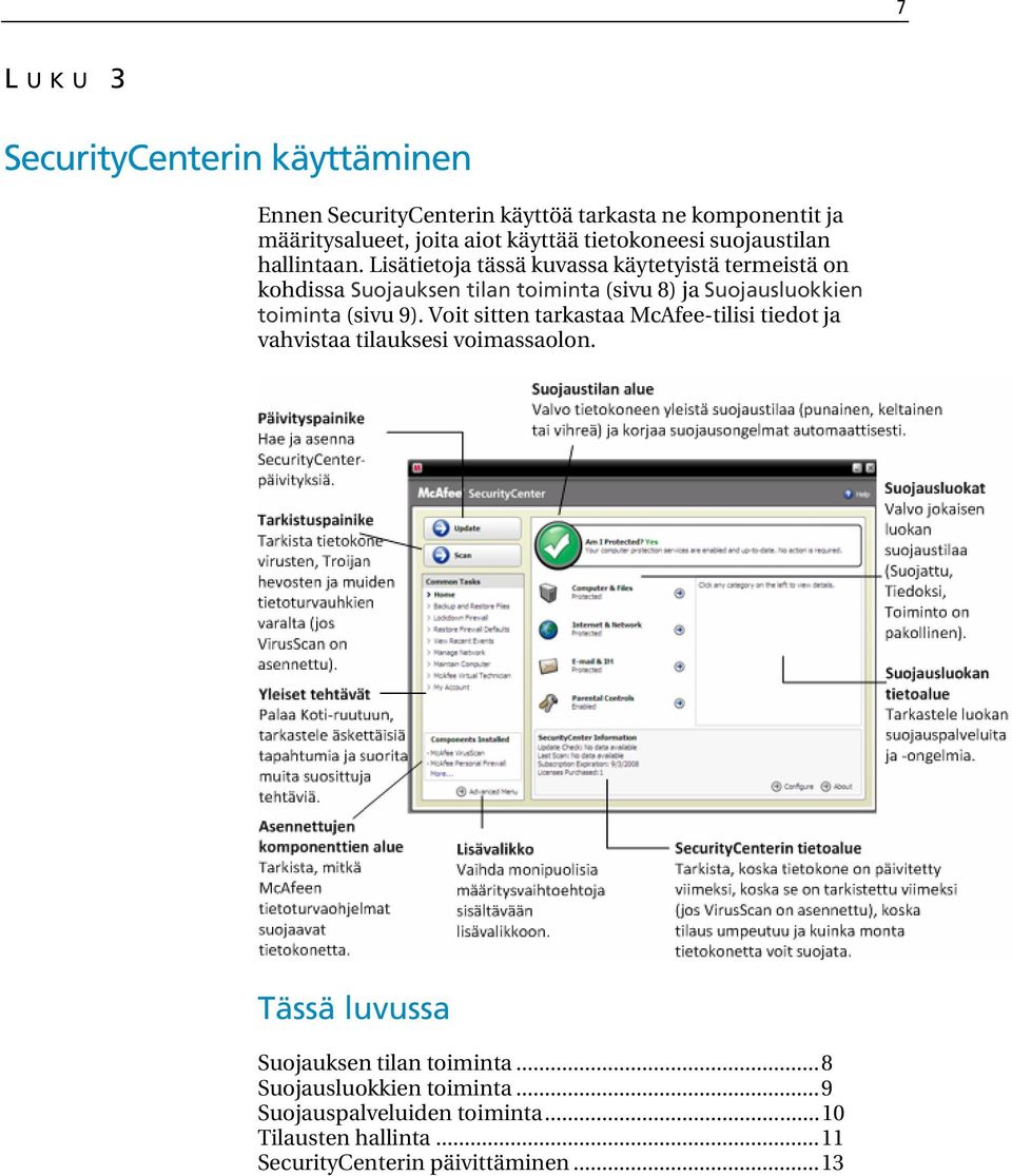 Lisätietoja tässä kuvassa käytetyistä termeistä on kohdissa Suojauksen tilan toiminta (sivu 8) ja Suojausluokkien toiminta (sivu 9).