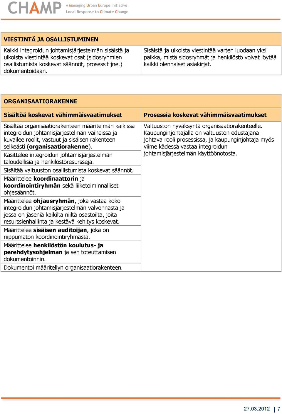 ORGANISAATIORAKENNE Sisältää organisaatiorakenteen määritelmän kaikissa integroidun johtamisjärjestelmän vaiheissa ja kuvailee roolit, vastuut ja sisäisen rakenteen selkeästi (organisaatiorakenne).