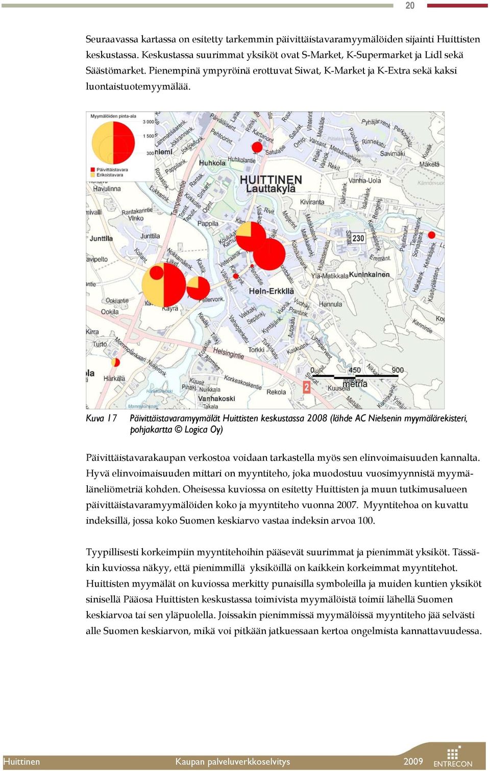 Kuva 17 Päivittäistavaramyymälät Huittisten keskustassa 2008 (lähde AC Nielsenin myymälärekisteri, pohjakartta Logica Oy) Päivittäistavarakaupan verkostoa voidaan tarkastella myös sen