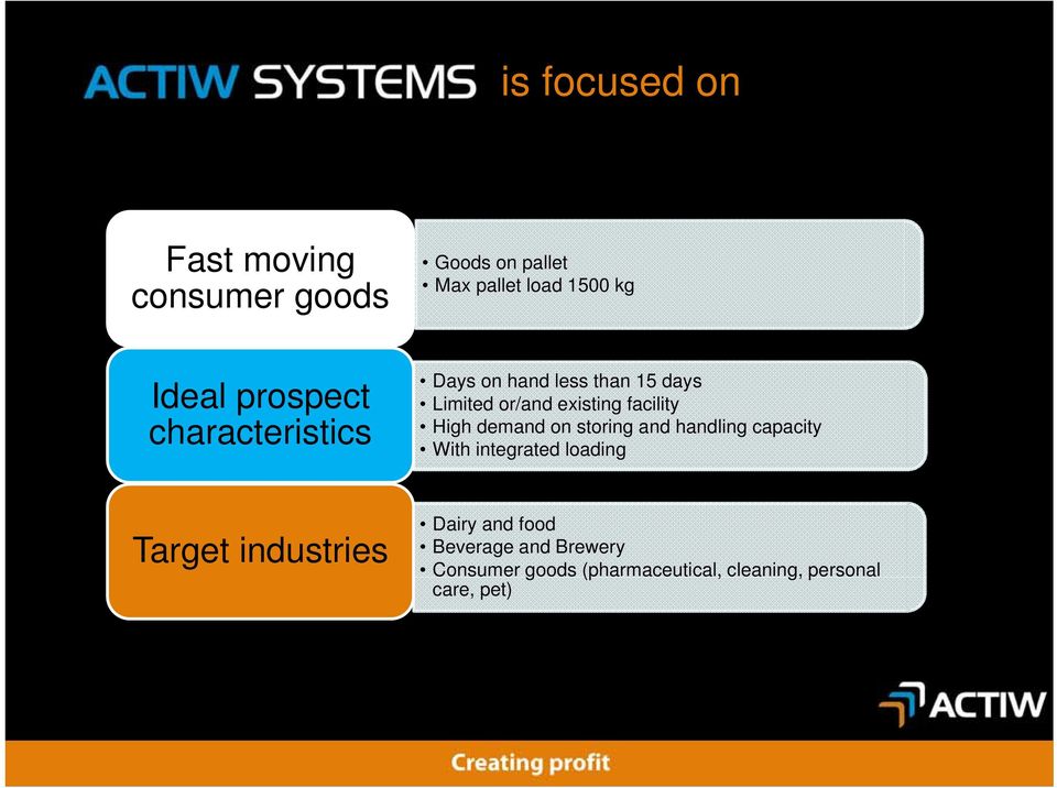 High demand on storing and handling capacity With integrated loading Target industries