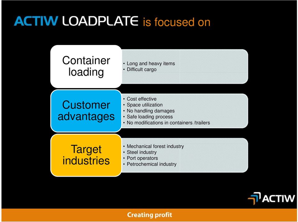 Safe loading process No modifications in containers /trailers Target