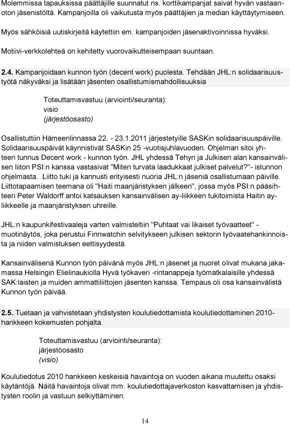 Kampanjoidaan kunnon työn (decent work) puolesta. Tehdään JHL:n solidaarisuustyötä näkyväksi ja lisätään jäsenten osallistumismahdollisuuksia visio (järjestöosasto) Osallistuttiin Hämeenlinnassa 22.