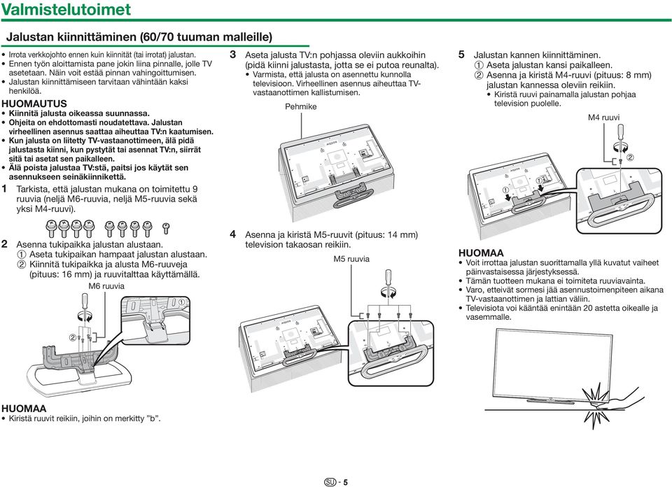Jalustan virheellinen asennus saattaa aiheuttaa TV:n kaatumisen.