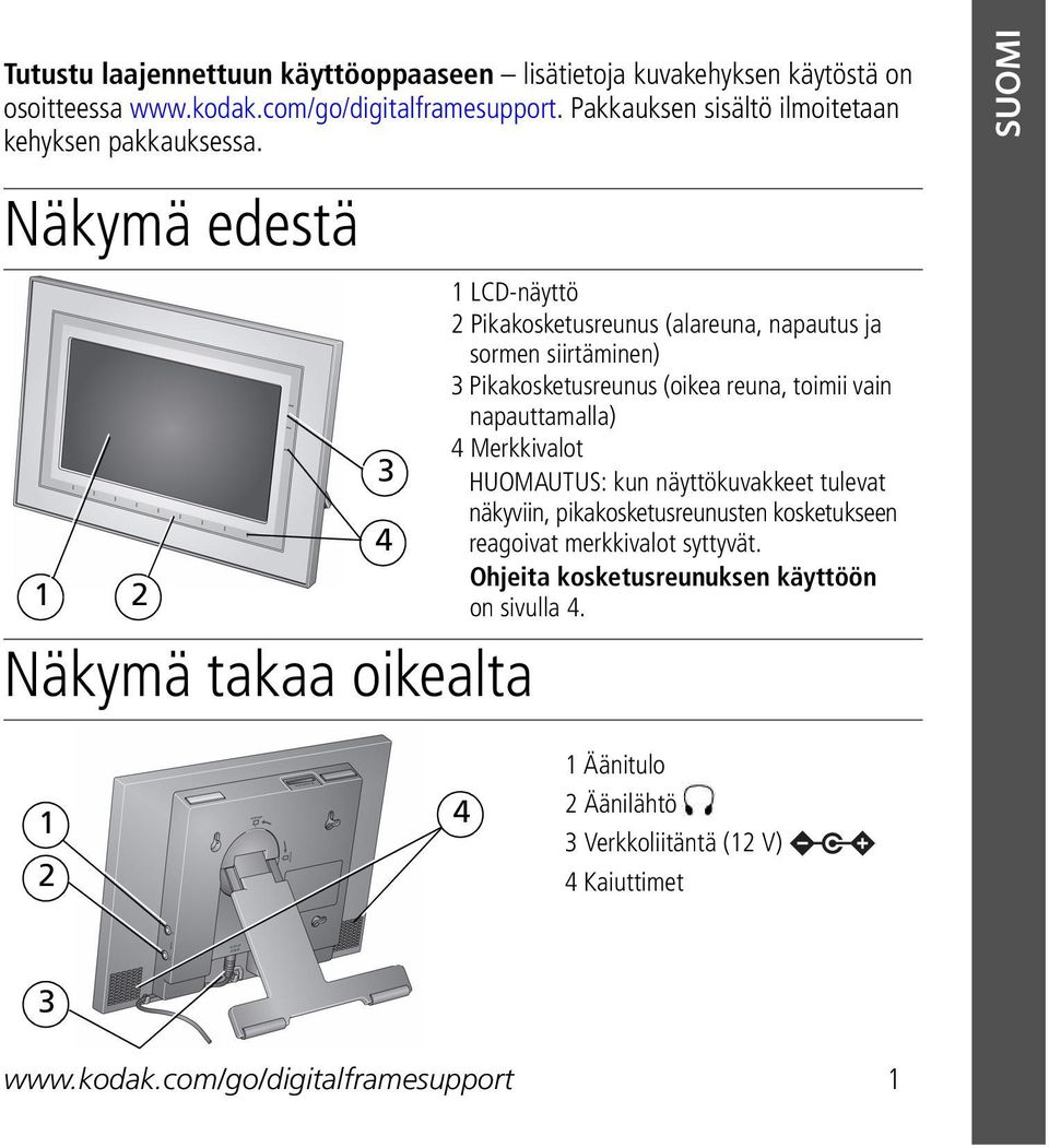 Näkymä edestä 1 2 Näkymä takaa oikealta 3 4 1 LCD-näyttö 2 Pikakosketusreunus (alareuna, napautus ja sormen siirtäminen) 3 Pikakosketusreunus (oikea reuna, toimii