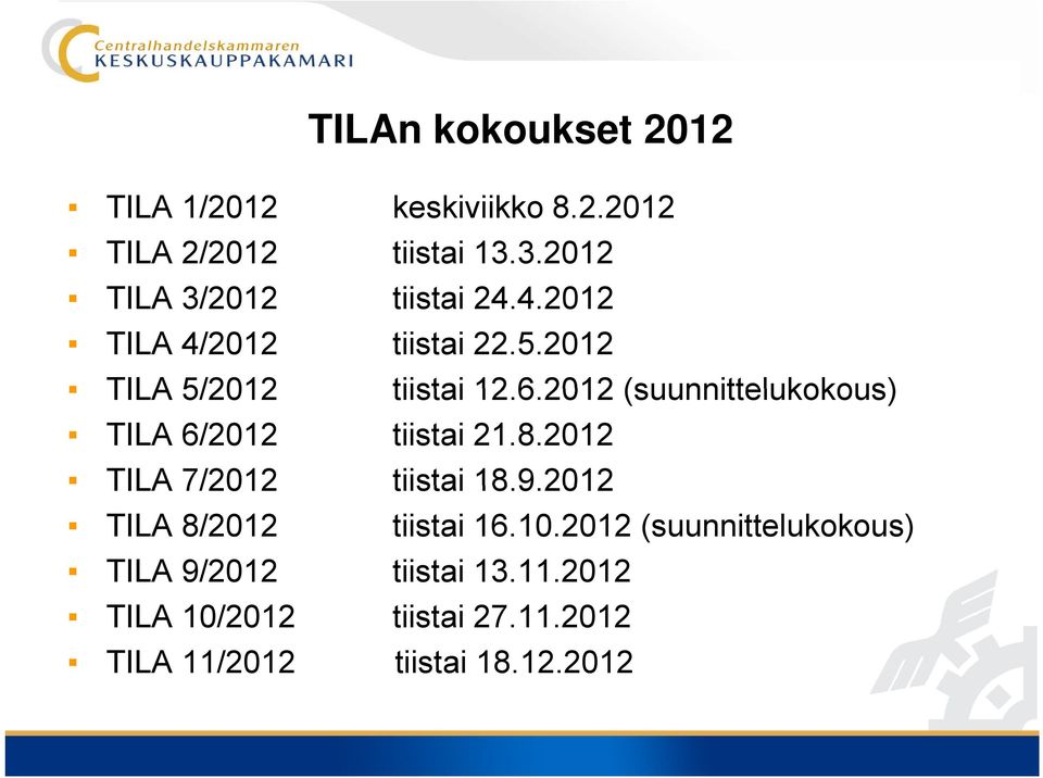 2012 2012 (suunnittelukokous) TILA 6/2012 tiistai 21.8.2012 TILA 7/2012 tiistai 18.9.