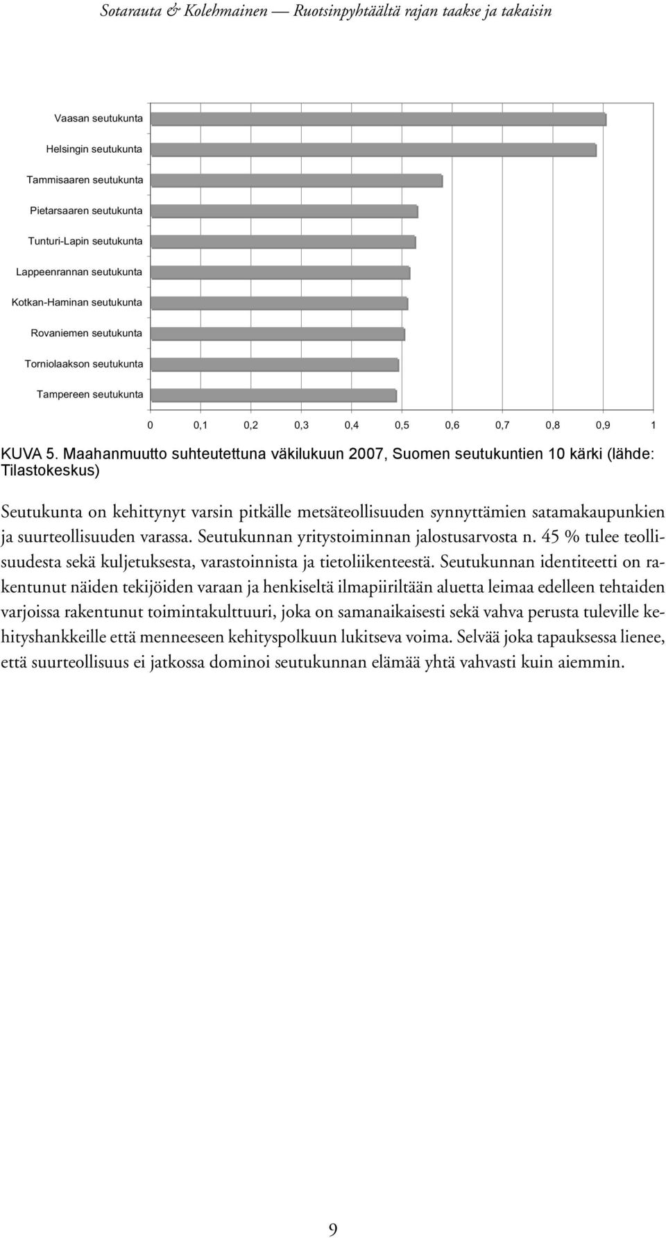 Maahanmuutto suhteutettuna väkilukuun 2007, Suomen seutukuntien 10 kärki (lähde: Tilastokeskus) Seutukunta on kehittynyt varsin pitkälle metsäteollisuuden synnyttämien satamakaupunkien ja