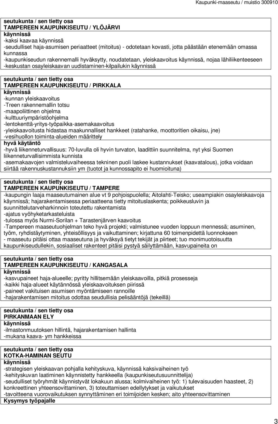 totsu -maapoliittinen ohjelma -kulttuuriympäristöohjelma -lentokenttä-yritys-työpaikka-asemakaavoitus -yleiskaavoitusta hidastaa maakunnalliset hankkeet (ratahanke, moottoritien oikaisu, jne)