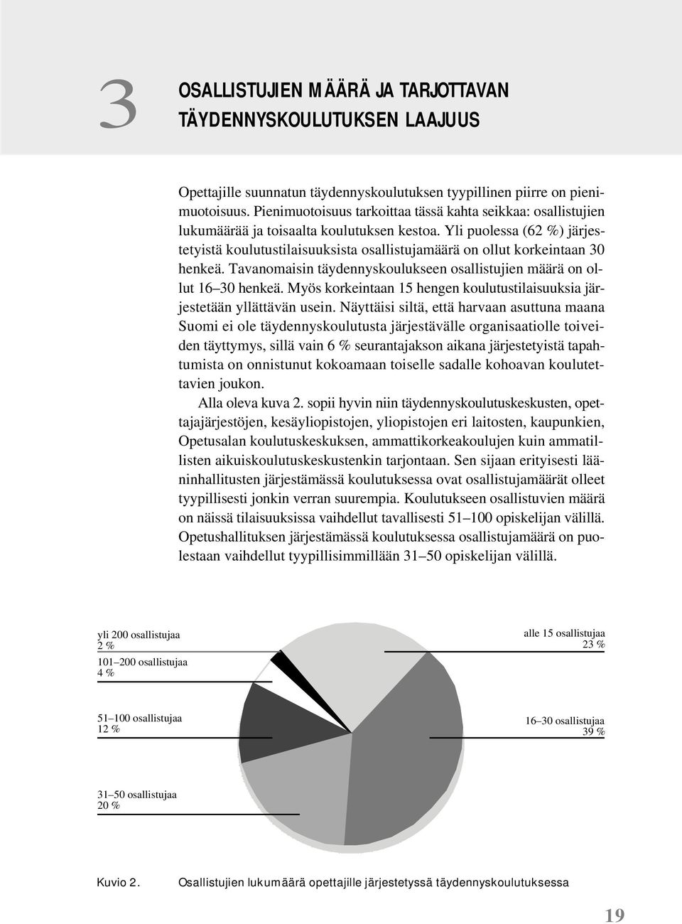 Yli puolessa (62 %) järjestetyistä koulutustilaisuuksista osallistujamäärä on ollut korkeintaan 30 henkeä. Tavanomaisin täydennyskoulukseen osallistujien määrä on ollut 16 30 henkeä.