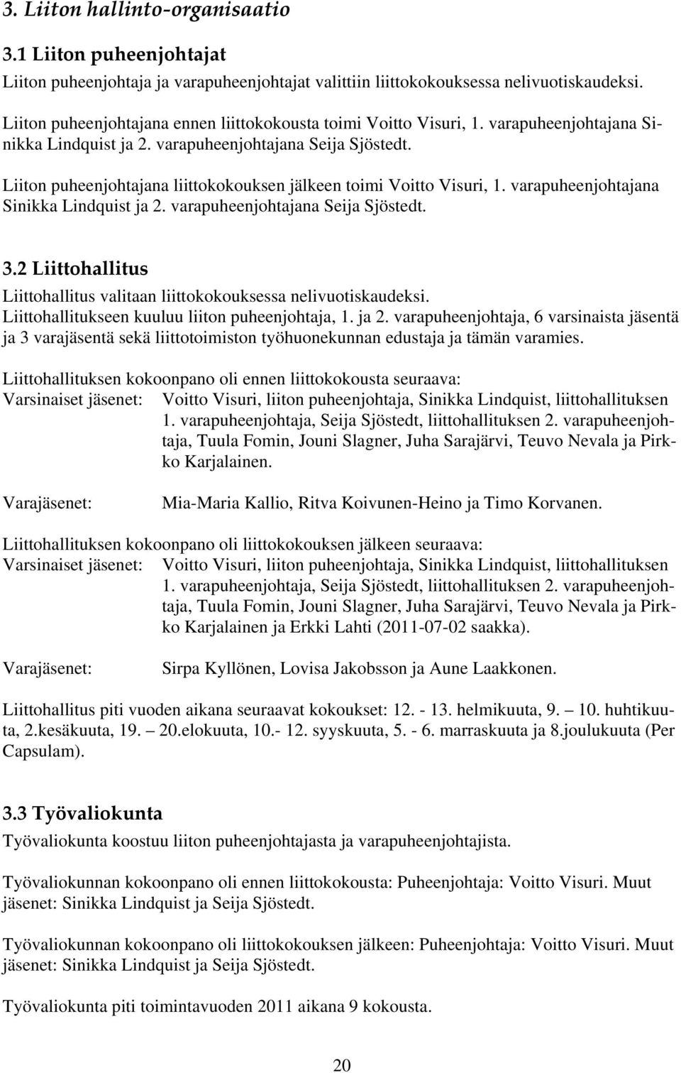 Liiton puheenjohtajana liittokokouksen jälkeen toimi Voitto Visuri, 1. varapuheenjohtajana Sinikka Lindquist ja 2. varapuheenjohtajana Seija Sjöstedt. 3.