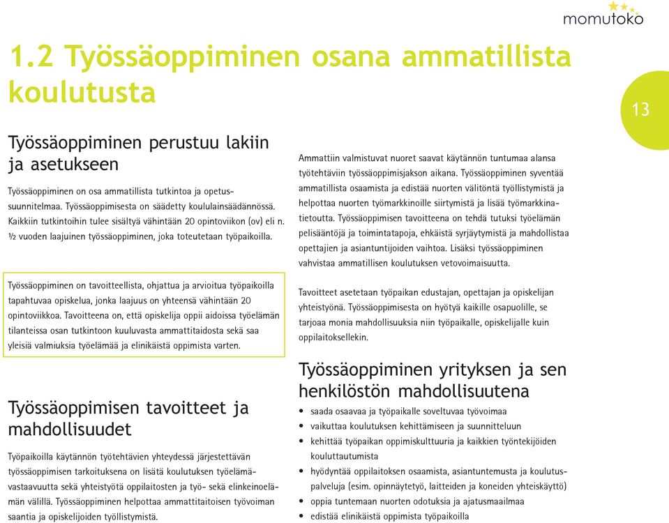 Työssäoppiminen on tavoitteellista, ohjattua ja arvioitua työpaikoilla tapahtuvaa opiskelua, jonka laajuus on yhteensä vähintään 20 opintoviikkoa.