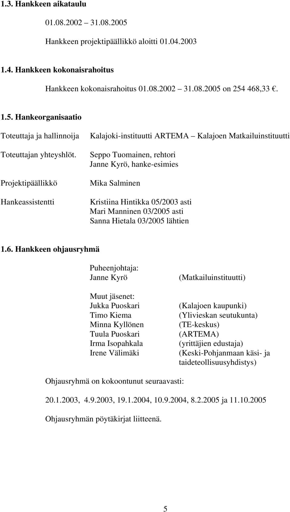 Manninen 03/2005 asti Sanna Hietala 03/2005 lähtien 1.6.