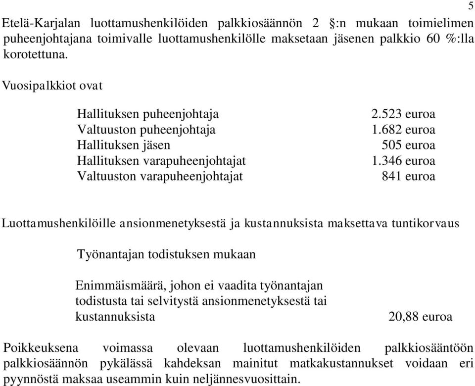 346 euroa 841 euroa Luottamushenkilöille ansionmenetyksestä ja kustannuksista maksettava tuntikorvaus Työnantajan todistuksen mukaan Enimmäismäärä, johon ei vaadita työnantajan todistusta tai