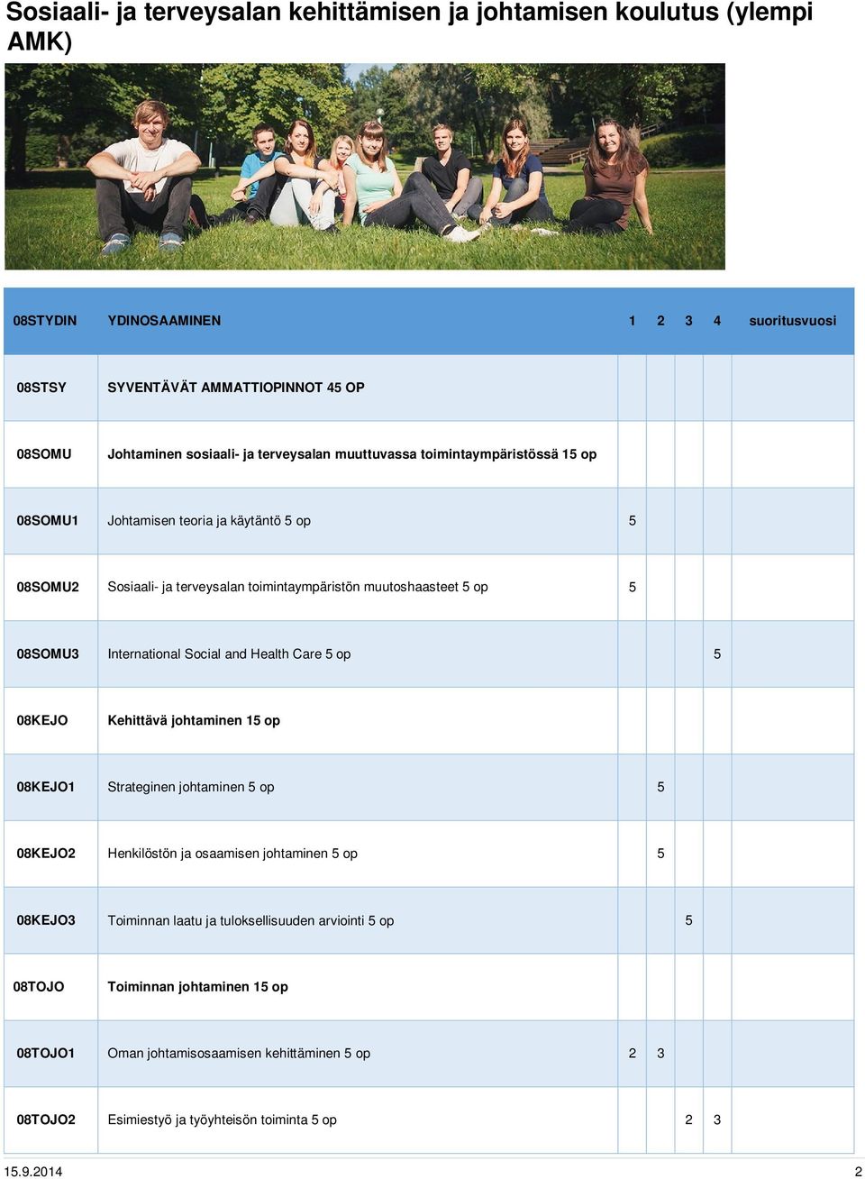 International Social and Health Care 5 op 5 08KEJO Kehittävä johtaminen 15 op 08KEJO1 Strateginen johtaminen 5 op 5 08KEJO2 Henkilöstön ja osaamisen johtaminen 5 op 5 08KEJO3 Toiminnan