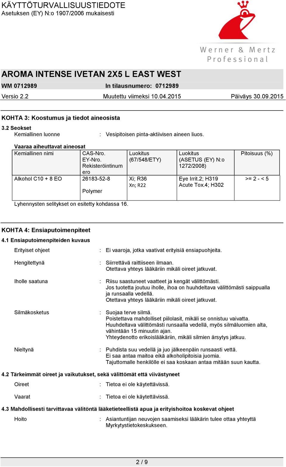 4; H302 Pitoisuus (%) >= 2 - < 5 Lyhennysten selitykset on esitetty kohdassa 16. KOHTA 4: Ensiaputoimenpiteet 4.