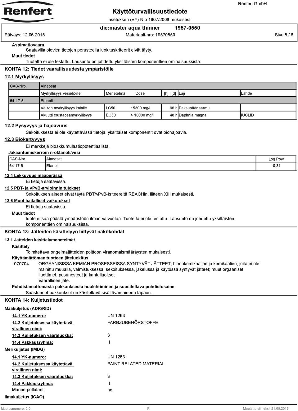 mg/l 48 h Daphnia magna IUCLID 12.2 Pysyvyys ja hajoavuus 12.3 Biokertyvyys Sekoituksesta ei ole käytettävissä tietoja. yksittäiset komponentit ovat biohajoavia.