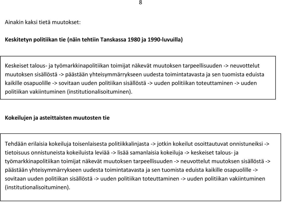 uuden politiikan vakiintuminen (institutionalisoituminen).