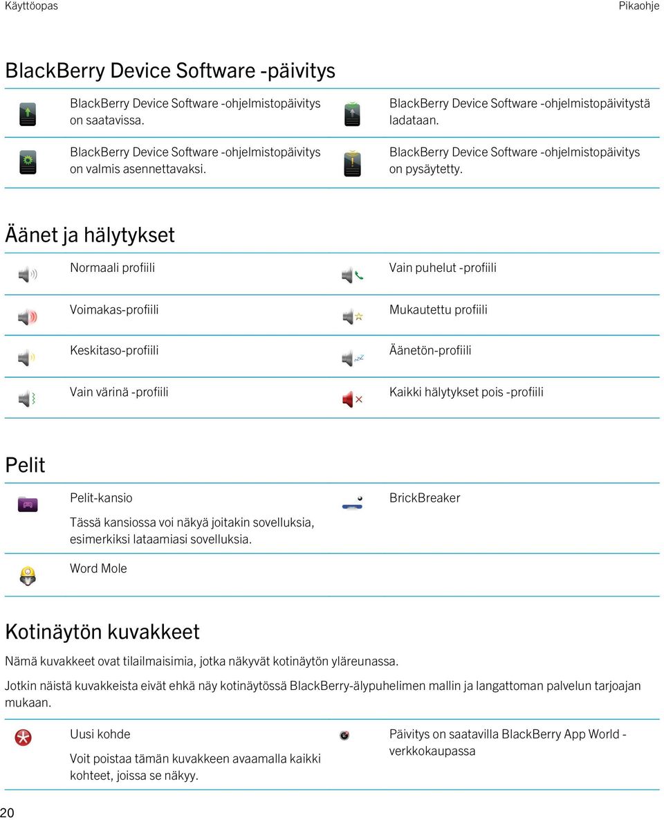 Äänet ja hälytykset Normaali profiili Vain puhelut -profiili Voimakas-profiili Mukautettu profiili Keskitaso-profiili Äänetön-profiili Vain värinä -profiili Kaikki hälytykset pois -profiili Pelit