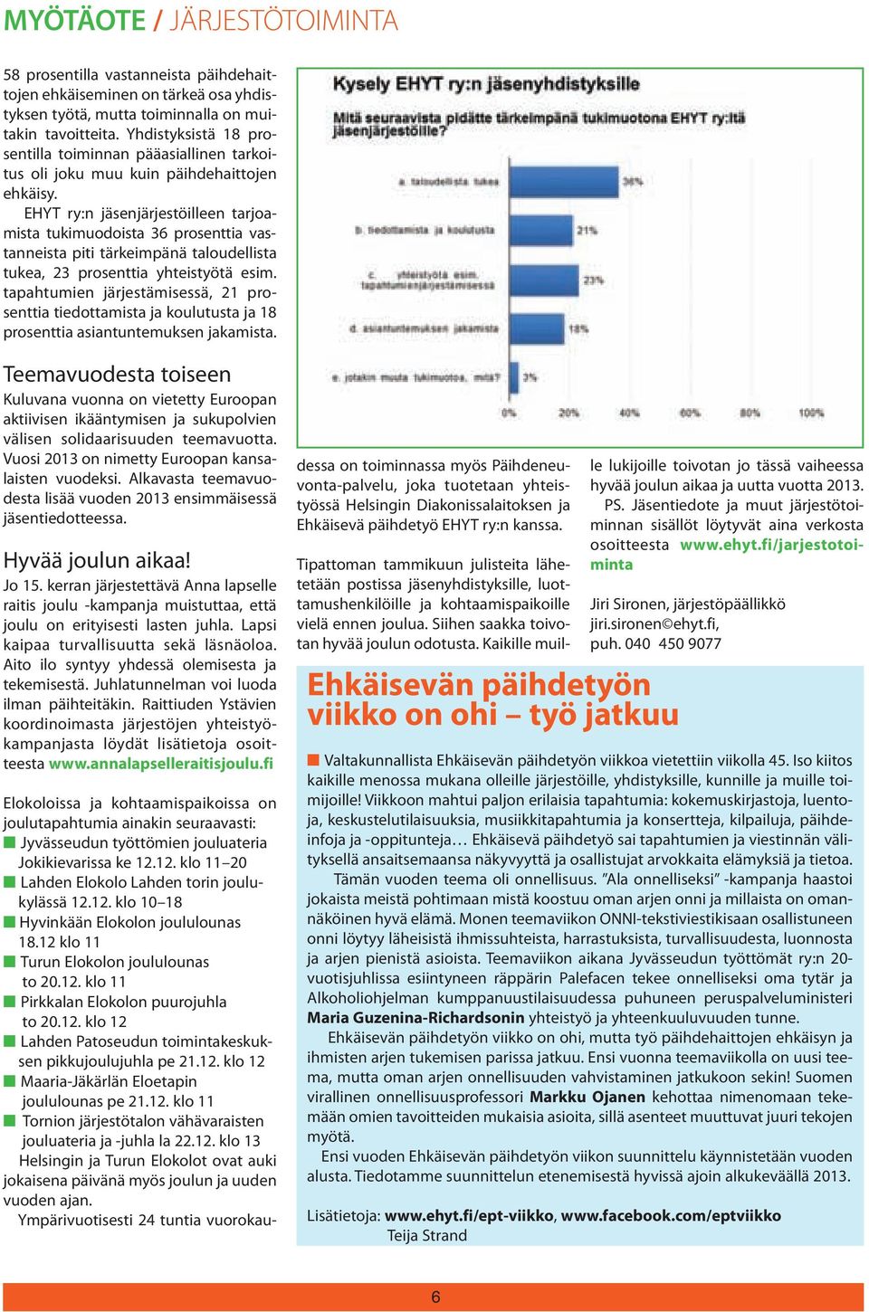 EHYT ry:n jäsenjärjestöilleen tarjoamista tukimuodoista 36 prosenttia vastanneista piti tärkeimpänä taloudellista tukea, 23 prosenttia yhteistyötä esim.