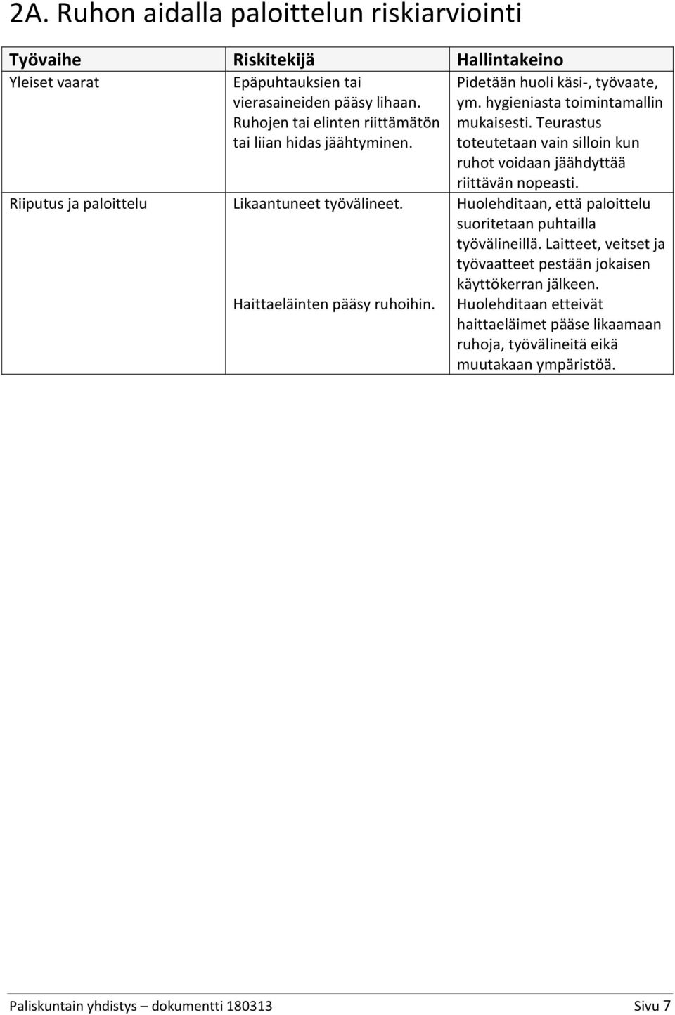 hygieniasta toimintamallin mukaisesti. Teurastus toteutetaan vain silloin kun ruhot voidaan jäähdyttää riittävän nopeasti.