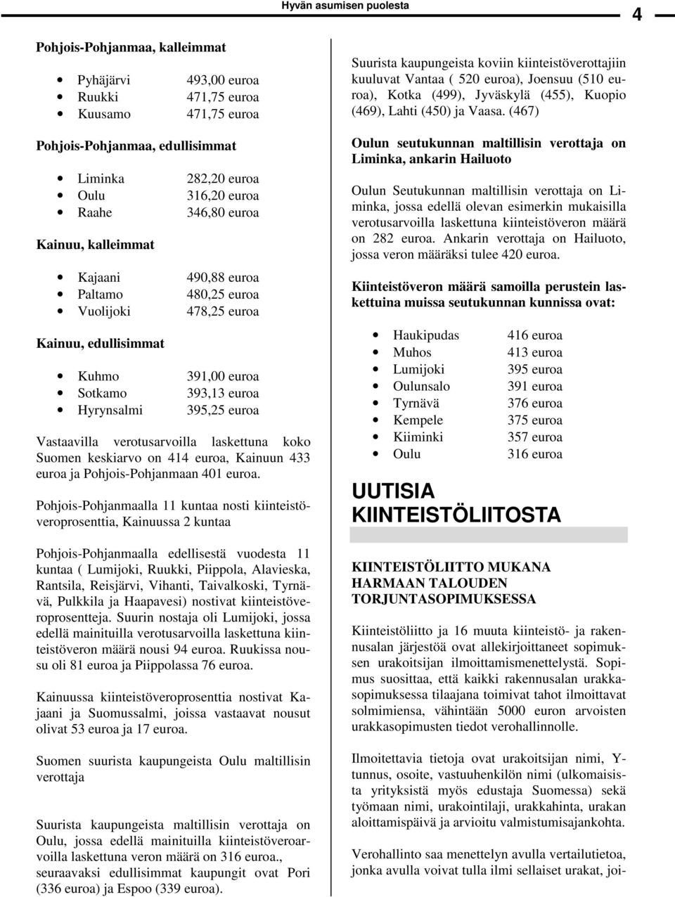 verotusarvoilla laskettuna koko Suomen keskiarvo on 414 euroa, Kainuun 433 euroa ja Pohjois-Pohjanmaan 401 euroa.