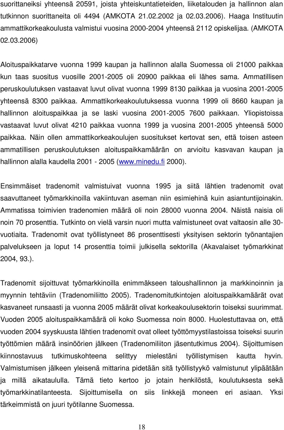 2006) Aloituspaikkatarve vuonna 1999 kaupan ja hallinnon alalla Suomessa oli 21000 paikkaa kun taas suositus vuosille 2001-2005 oli 20900 paikkaa eli lähes sama.