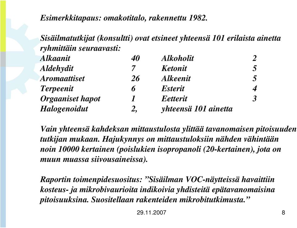 Esterit 4 Orgaaniset hapot 1 Eetterit 3 Halogenoidut 2, yhteensä 101 ainetta Vain yhteensä kahdeksan mittaustulosta ylittää tavanomaisen pitoisuuden tutkijan mukaan.