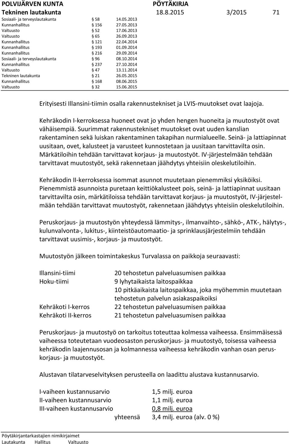 2015 Kunnanhallitus 168 08.06.2015 Valtuusto 32 15.06.2015 Erityisesti Illansini-tiimin osalla rakennustekniset ja LVIS-muutokset ovat laajoja.