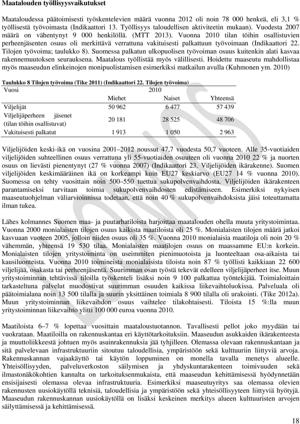 Vuonna 2010 tilan töihin osallistuvien perheenjäsenten osuus oli merkittävä verrattuna vakituisesti palkattuun työvoimaan (Indikaattori 22. Tilojen työvoima; taulukko 8).