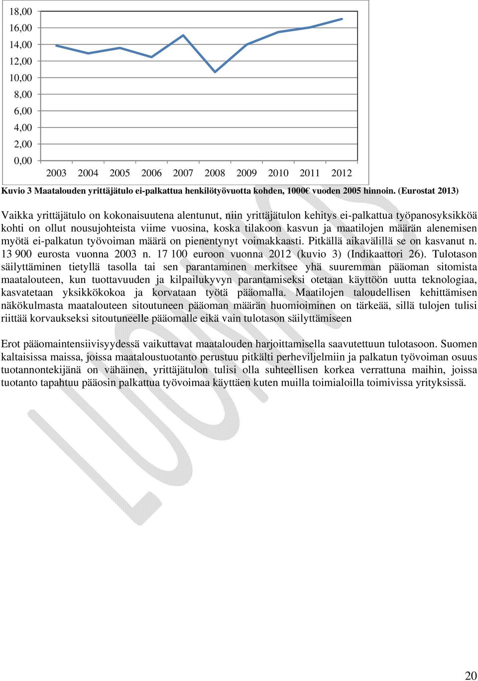 (Eurostat 2013) Vaikka yrittäjätulo on kokonaisuutena alentunut, niin yrittäjätulon kehitys ei-palkattua työpanosyksikköä kohti on ollut nousujohteista viime vuosina, koska tilakoon kasvun ja