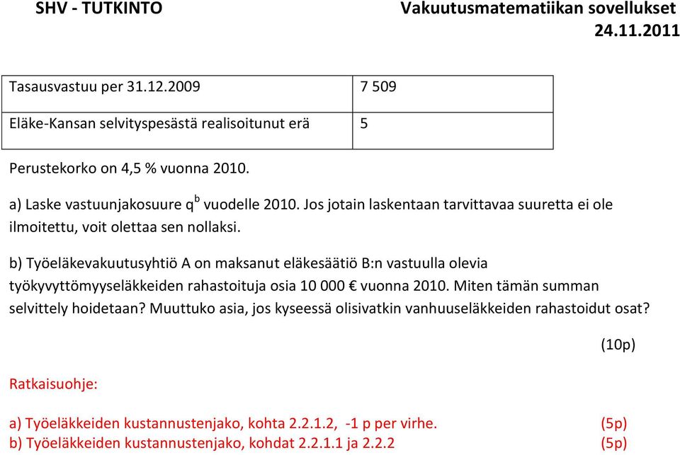 b) Työeläkevakuutusyhtiö A on maksanut eläkesäätiö B:n vastuulla olevia työkyvyttömyyseläkkeiden rahastoituja osia 10 000 vuonna 2010.