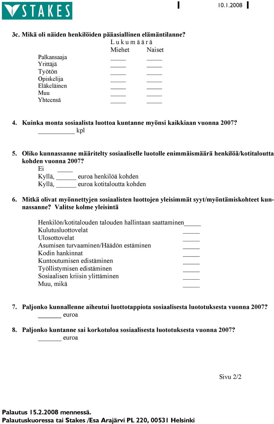 Ei Kyllä, _ euroa henkilöä kohden Kyllä, _ euroa kotitaloutta kohden 6. Mitkä olivat myönnettyjen sosiaalisten luottojen yleisimmät syyt/myöntämiskohteet kunnassanne?