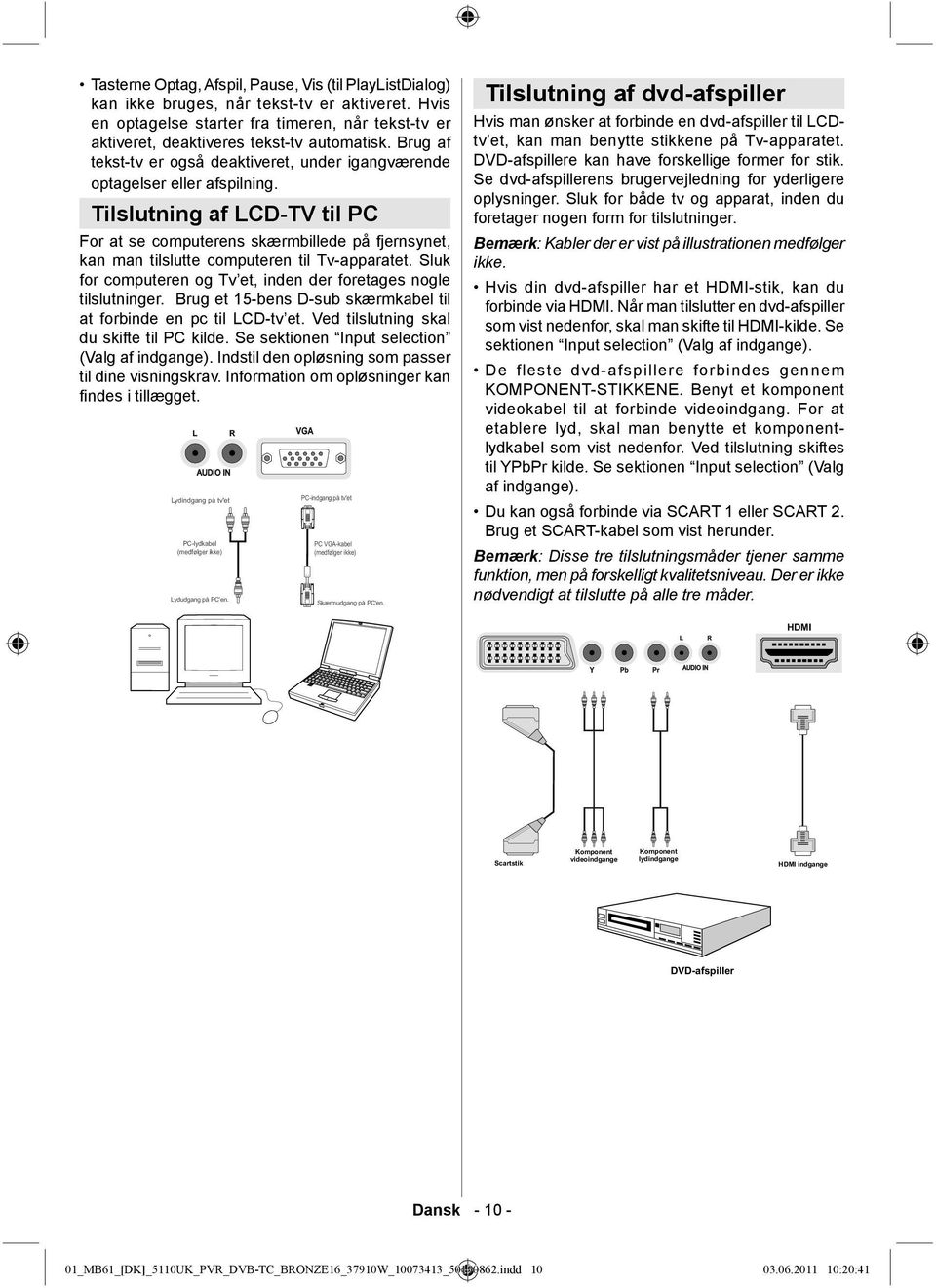 Tilslutning af LCD-TV til PC For at se computerens skærmbillede på fjernsynet, kan man tilslutte computeren til Tv-apparatet. Sluk for computeren og Tv et, inden der foretages nogle tilslutninger.