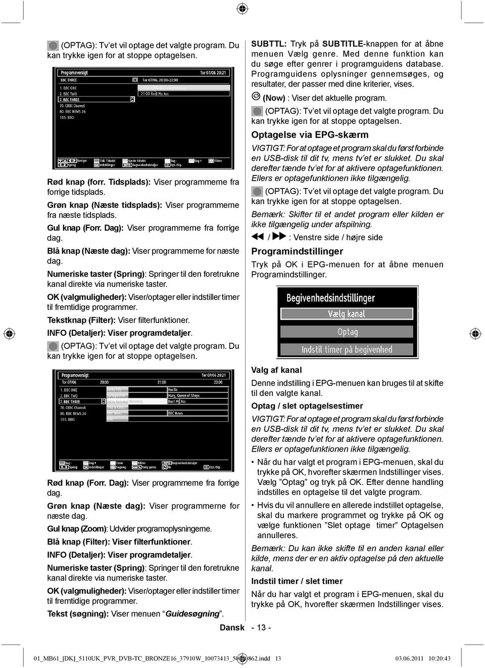 Numeriske taster (Spring): Springer til den foretrukne kanal direkte via numeriske taster. OK (valgmuligheder): Viser/optager eller indstiller timer til fremtidige programmer.