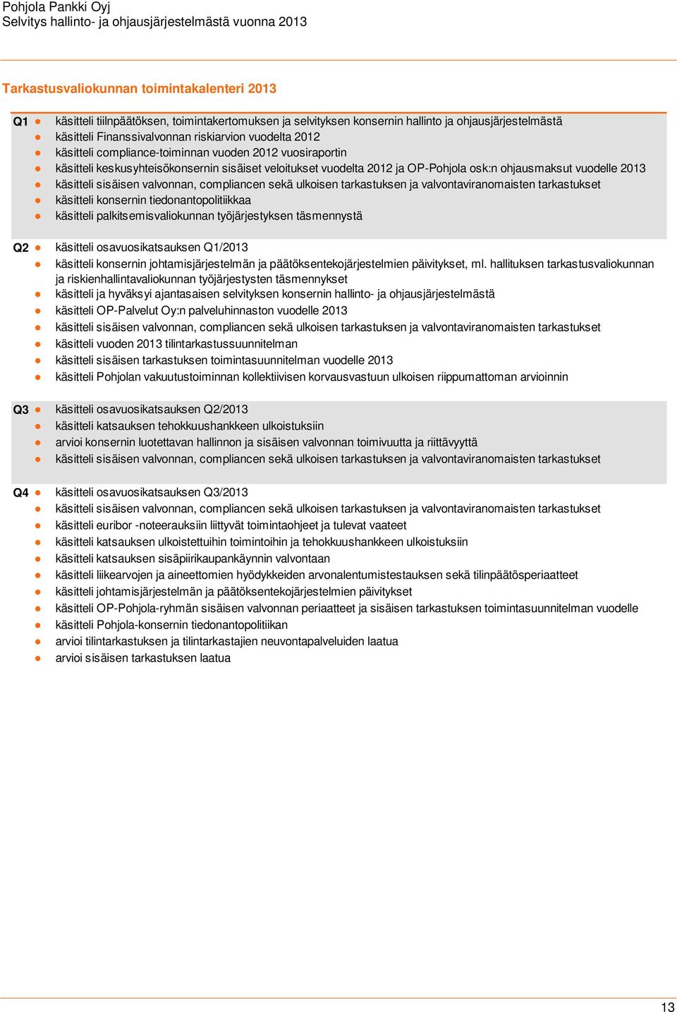 valvonnan, compliancen sekä ulkoisen tarkastuksen ja valvontaviranomaisten tarkastukset käsitteli konsernin tiedonantopolitiikkaa käsitteli palkitsemisvaliokunnan työjärjestyksen täsmennystä Q2
