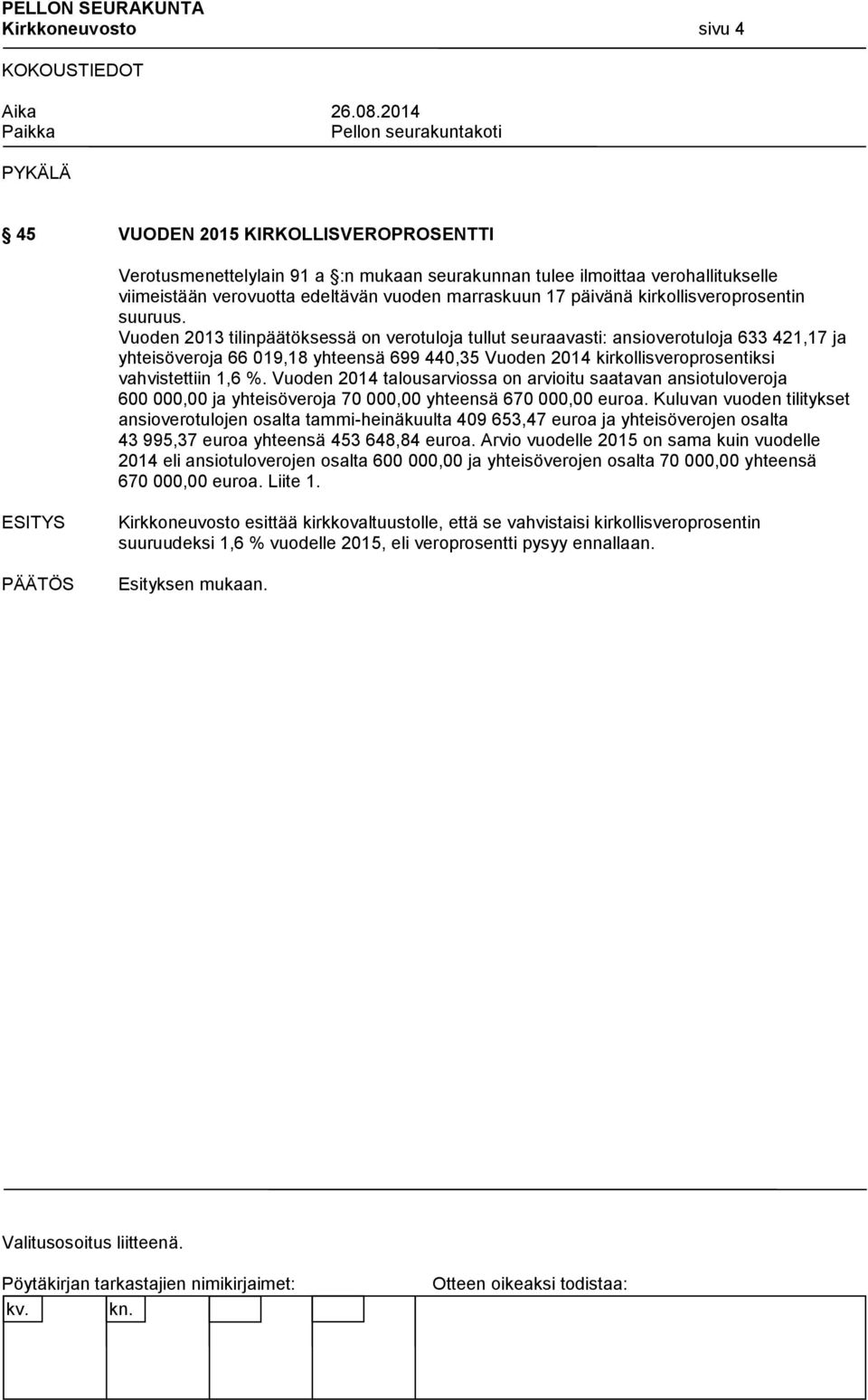 Vuoden 2013 tilinpäätöksessä on verotuloja tullut seuraavasti: ansioverotuloja 633 421,17 ja yhteisöveroja 66 019,18 yhteensä 699 440,35 Vuoden 2014 kirkollisveroprosentiksi vahvistettiin 1,6 %.