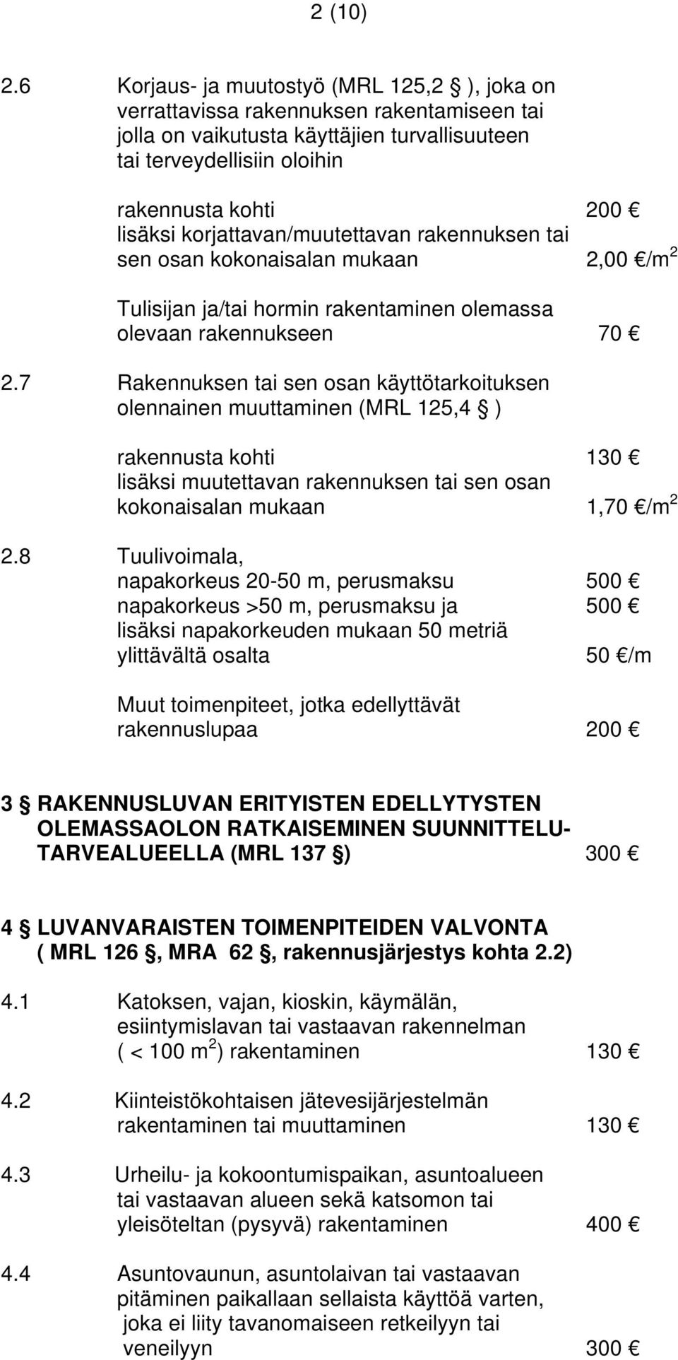 korjattavan/muutettavan rakennuksen tai sen osan kokonaisalan mukaan 2,00 /m 2 Tulisijan ja/tai hormin rakentaminen olemassa olevaan rakennukseen 70 2.