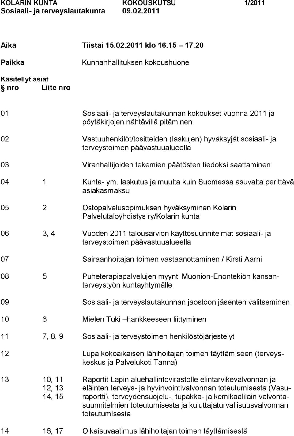 (laskujen) hyväksyjät sosiaali- ja terveystoimen päävastuualueella 03 Viranhaltijoiden tekemien päätösten tiedoksi saattaminen 04 1 Kunta- ym.