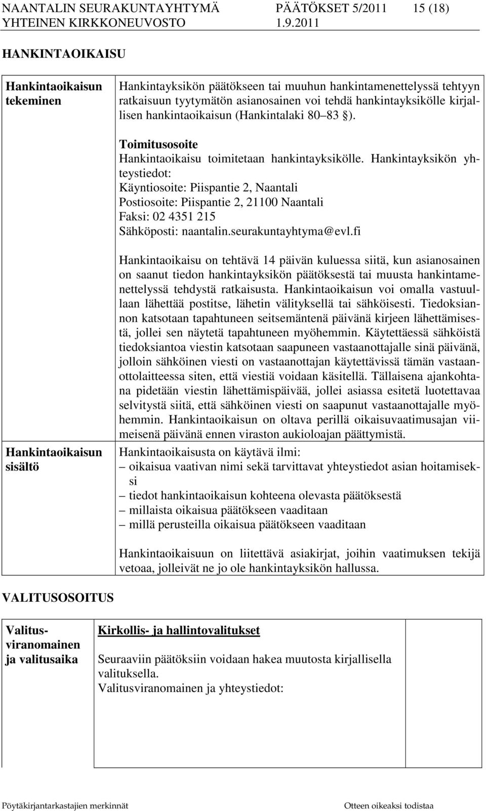 Hankintayksikön yhteystiedot: Käyntiosoite: Piispantie 2, Naantali Postiosoite: Piispantie 2, 21100 Naantali Faksi: 02 4351 215 Sähköposti: naantalin.seurakuntayhtyma@evl.