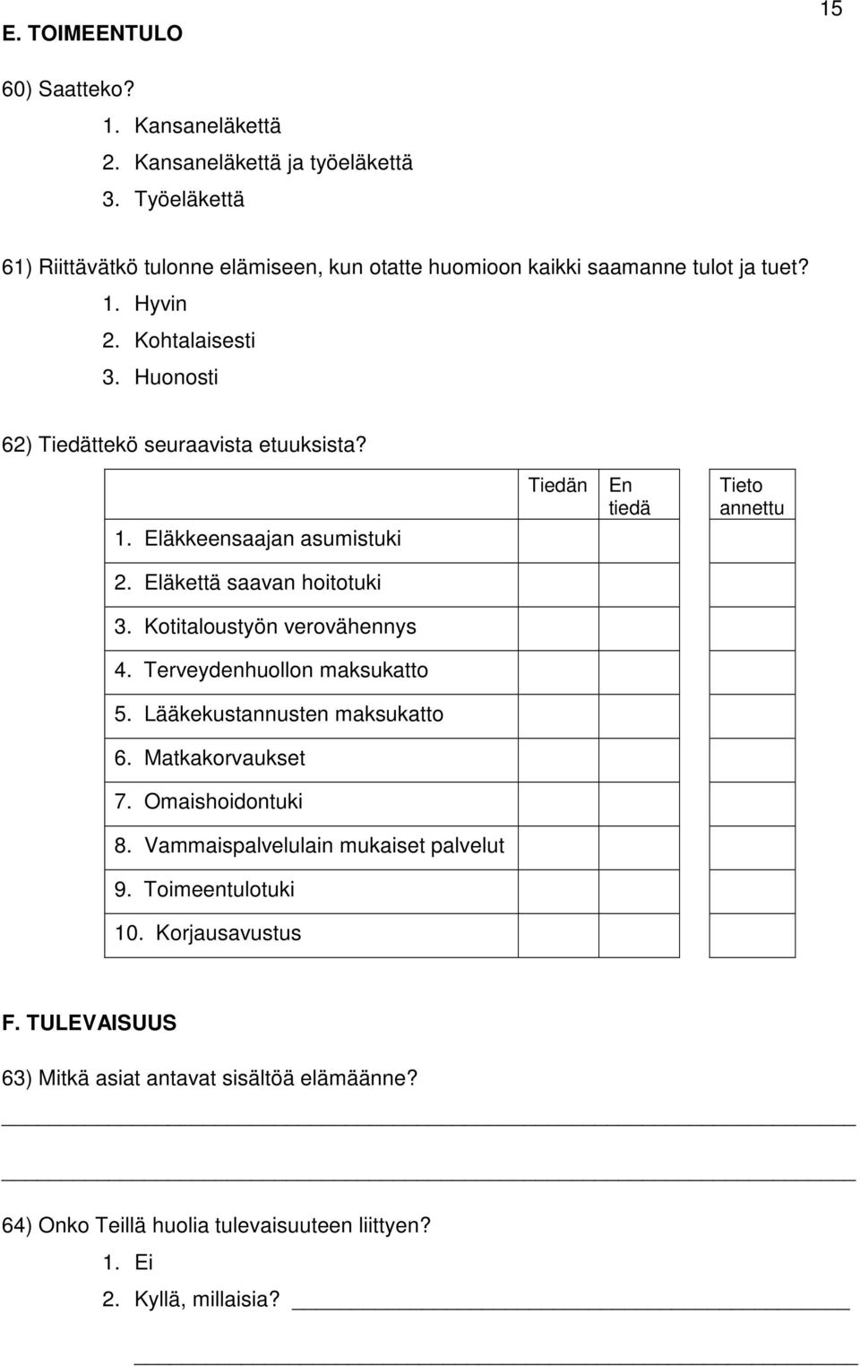 Huonosti 62) Tiedättekö seuraavista etuuksista? 1. Eläkkeensaajan asumistuki 2. Eläkettä saavan hoitotuki 3. Kotitaloustyön verovähennys 4. Terveydenhuollon maksukatto 5.