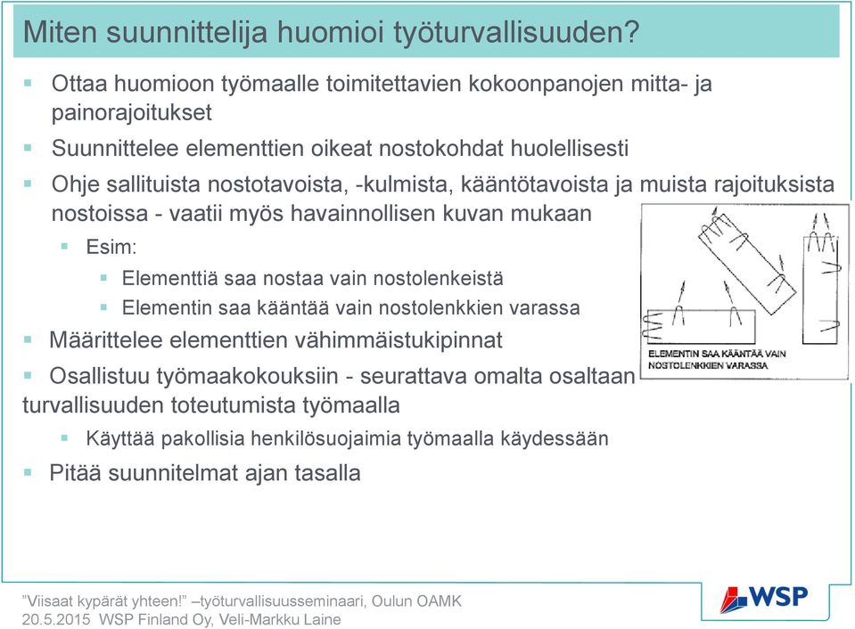 nostotavoista, -kulmista, kääntötavoista ja muista rajoituksista nostoissa - vaatii myös havainnollisen kuvan mukaan Esim: Elementtiä saa nostaa vain