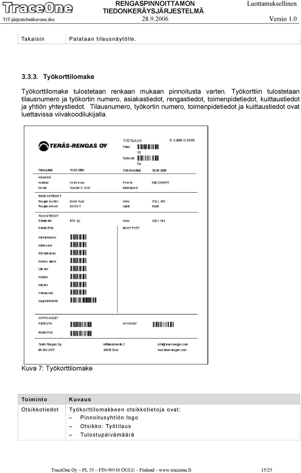 yhteystiedot. Tilausnumero, työkortin numero, toimenpidetiedot ja kuittaustiedot ovat luettavissa viivakoodilukijalla.